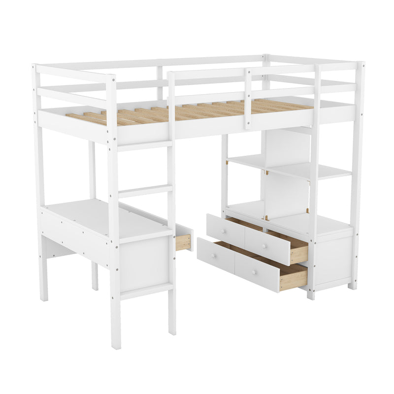 Twin  Size Loft Bed with Built-in Desk with Two Drawers, and Storage Shelves and Drawers,White