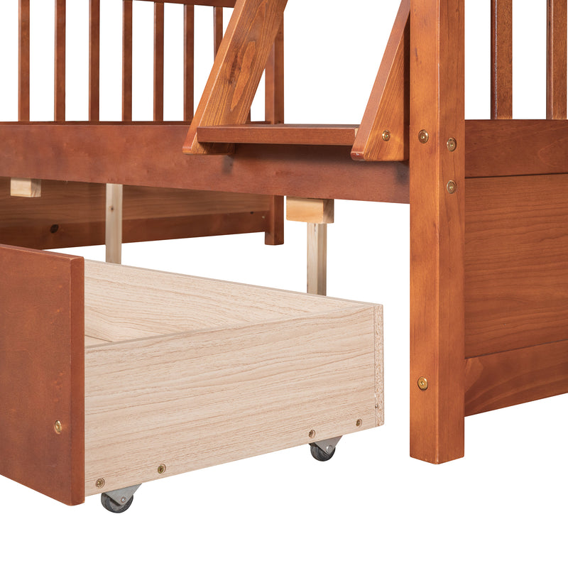 Twin-Over-Full Bunk Bed with Ladders and Two Storage Drawers (Walnut)