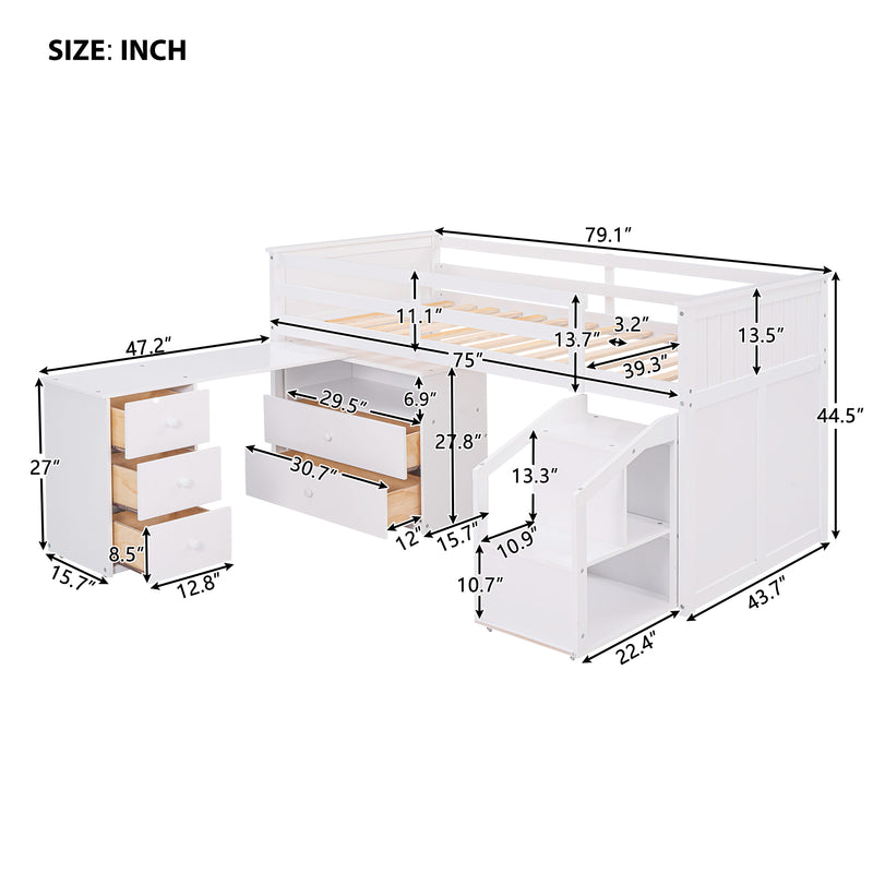 Loft Bed Low Study Twin Size Loft Bed With Storage Steps and Portable,Desk,White