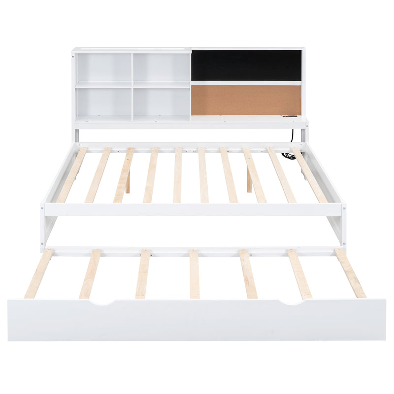 Full Size Daybed with Storage Shelves, Blackboard, Cork board, USB Ports and Twin Size Trundle, White