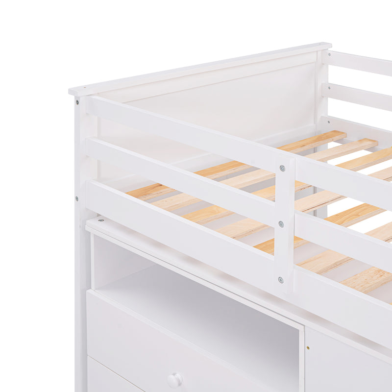 Loft Bed Low Study Twin Size Loft Bed With Storage Steps and Portable,Desk,White