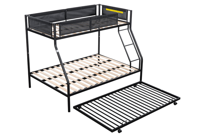 Twin over Full Metal Bunk Bed with Trundle (Wood Slat and Textilene Guardrail)