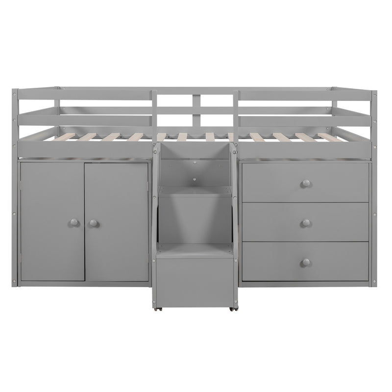 Full Size Functional Loft Bed with Cabinets and Drawers, Hanging Clothes at the back of the Staircase, Gray