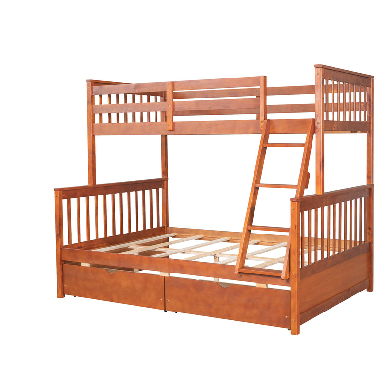 Twin-Over-Full Bunk Bed with Ladders and Two Storage Drawers (Walnut)