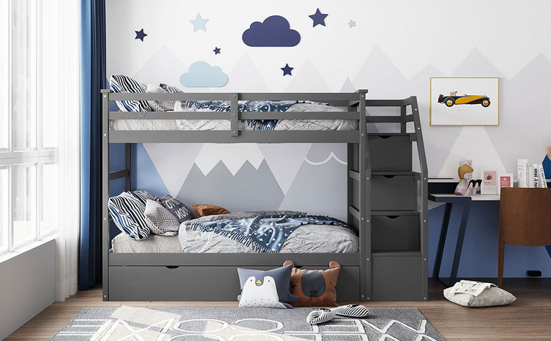 Twin-Over-Twin Bunk Bed with Twin Size Trundle and 3 Storage Stairs,Gray