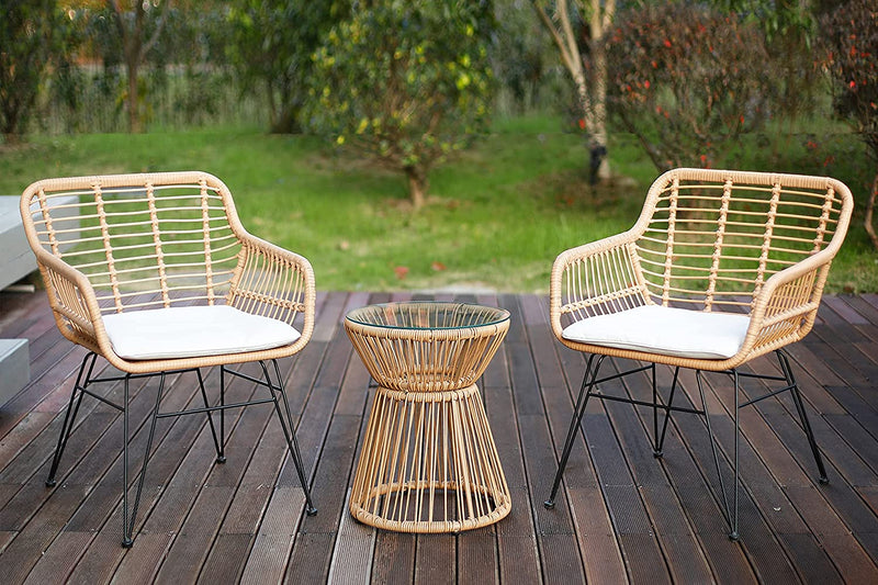 3 Piece Patio Set, Outdoor Wicker Chairs with Glass Top Table and Soft Cushion, Rattan Front Porch Furniture