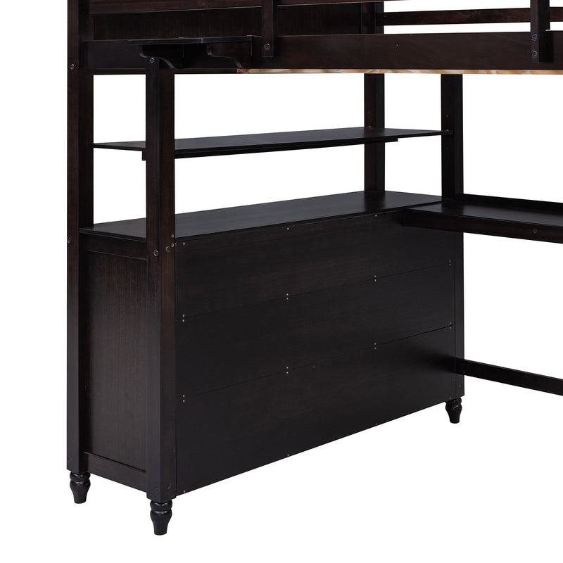 Full size Loft Bed with Drawers and Desk, Wooden Loft Bed with Shelves - Espresso