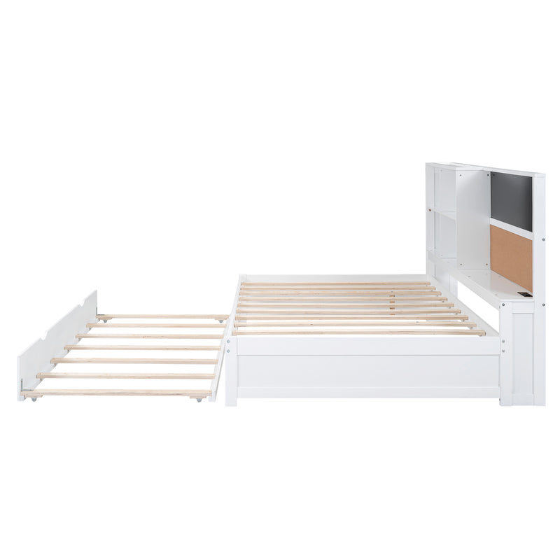 Full Size Daybed with Storage Shelves, Blackboard, Cork board, USB Ports and Twin Size Trundle, White