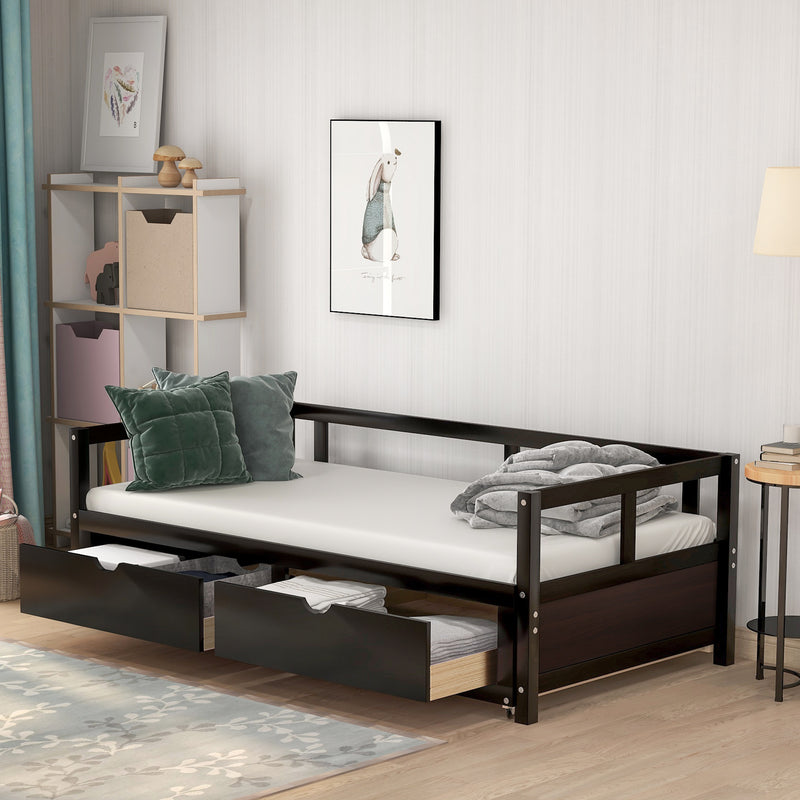 Wooden Daybed with Trundle Bed and Two Storage Drawers , Extendable Bed Daybed,Sofa Bed for Bedroom Living Room,Espresso