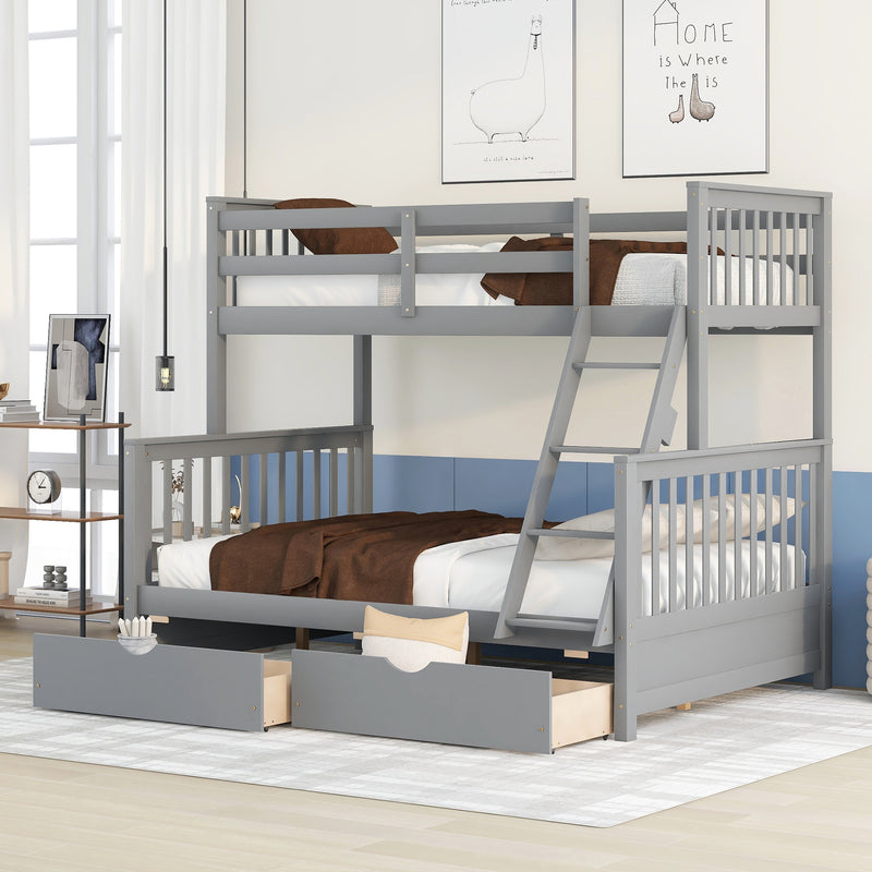 Twin-Over-Full Bunk Bed with Ladders and Two Storage Drawers(Gray)