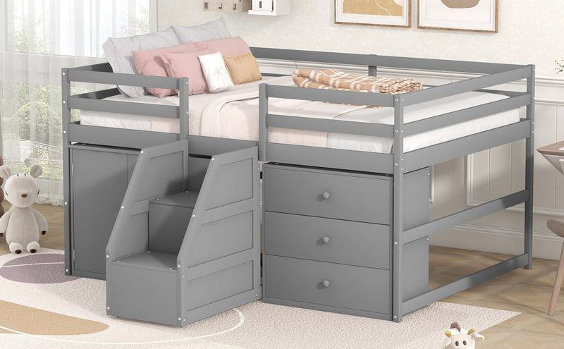 Full Size Functional Loft Bed with Cabinets and Drawers, Hanging Clothes at the back of the Staircase, Gray