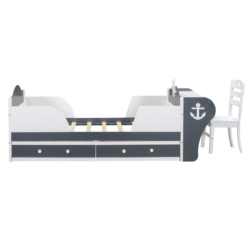 Twin Size Boat-Shaped Platform Bed with Two Drawers,Twin Bed with Desk and Chair for Bedroom,White+Gray