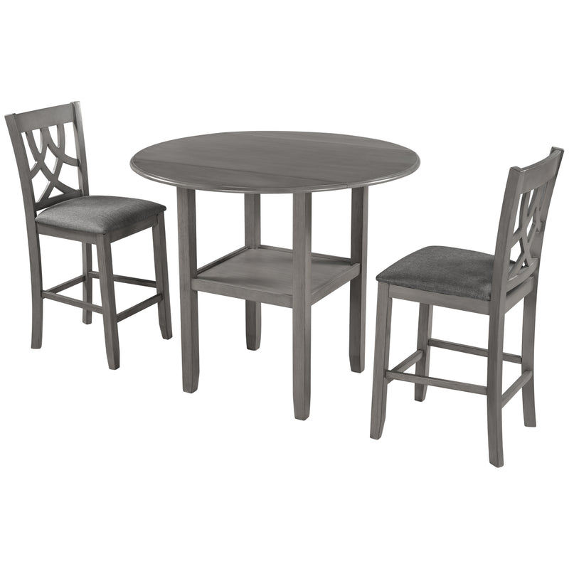 Farmhouse 3 Piece Round Counter Height Kitchen Dining Table Set with Drop Leaf Table, One Shelf and 2 Cross Back Padded Chairs for Small Places, Gray