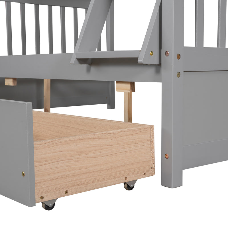 Twin-Over-Full Bunk Bed with Ladders and Two Storage Drawers(Gray)