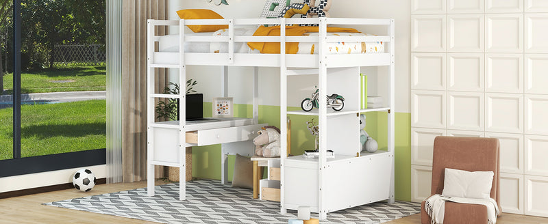 Twin  Size Loft Bed with Built-in Desk with Two Drawers, and Storage Shelves and Drawers,White