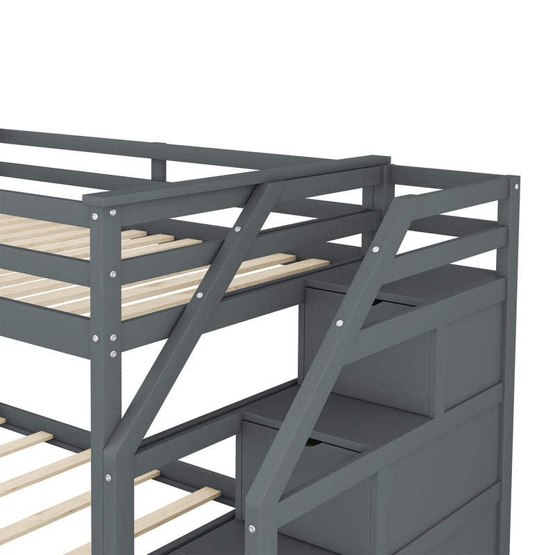 Twin-Over-Twin Bunk Bed with Twin Size Trundle and 3 Storage Stairs,Gray