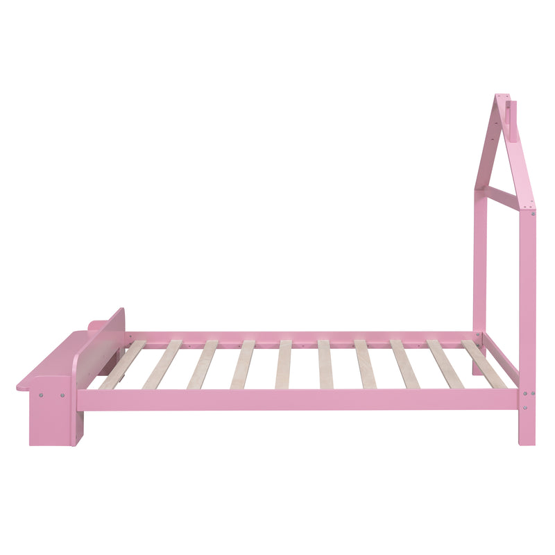 Full Size Wood Platform Bed with House-shaped Headboard and Footboard Bench,Pink