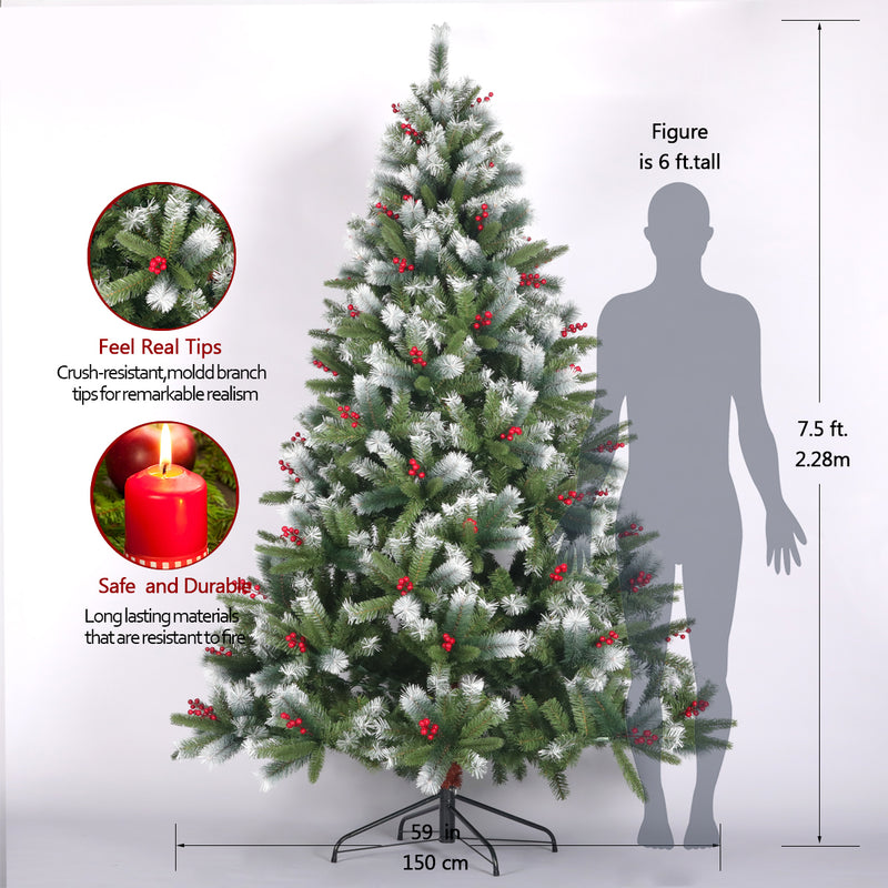 Artificial Christmas Tree Flocked Pine Needle Tree with Cones Red Berries 7.5 ft Foldable Stand