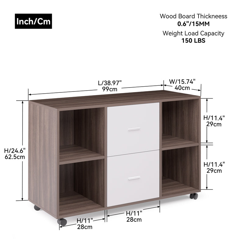 Mobile lateral filing cabinet with 2 drawers and 4 open storage cabinets, for home office, walnut-light gray