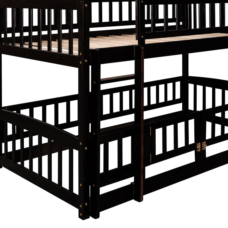 Bunk Bed with Slide,Twin Over Twin Low Bunk Bed with Fence and Ladder for Toddler Kids Teens Espresso