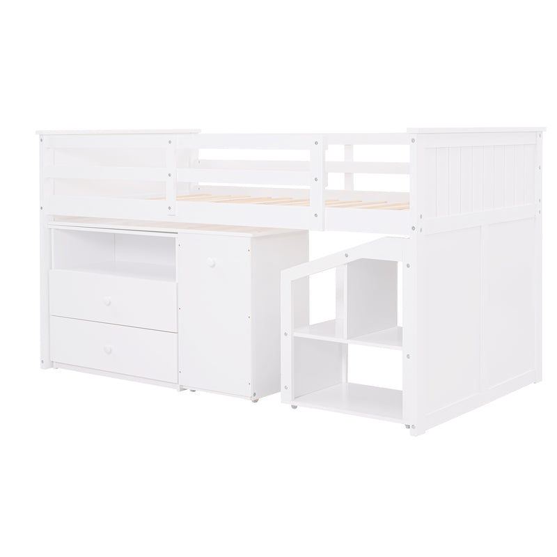 Loft Bed Low Study Twin Size Loft Bed With Storage Steps and Portable,Desk,White