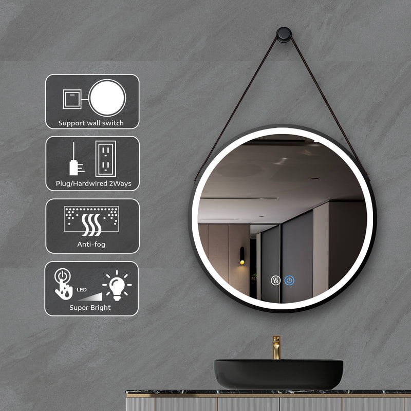 28 Inch Black Round Frame with Lamp Hanging Bathroom Mirror