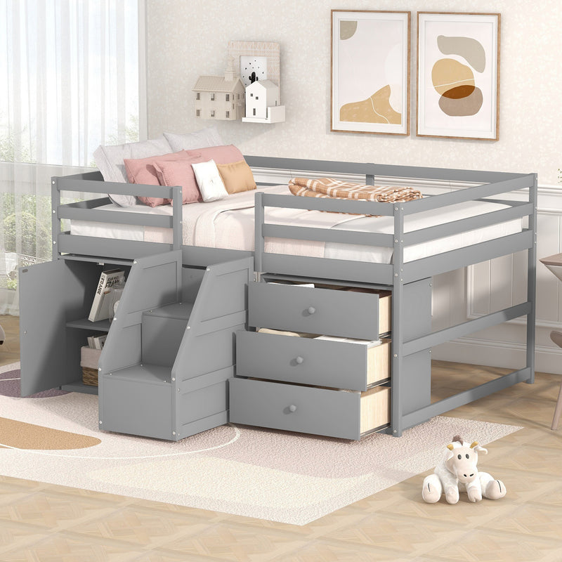 Full Size Functional Loft Bed with Cabinets and Drawers, Hanging Clothes at the back of the Staircase, Gray