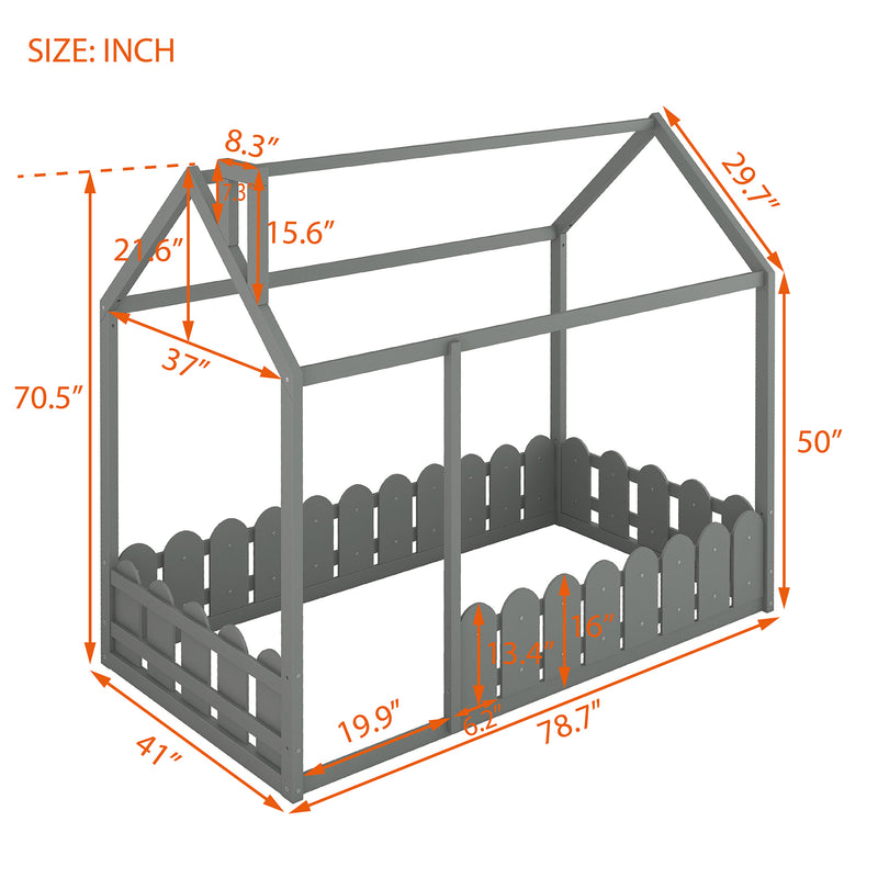 （Slats are not included) Twin Size Wood Bed House Bed Frame with Fence, for Kids, Teens, Girls, Boys (Gray )