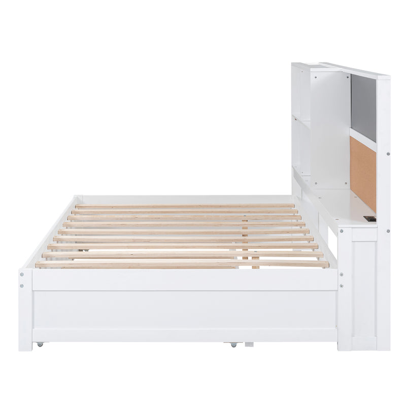 Full Size Daybed with Storage Shelves, Blackboard, Cork board, USB Ports and Twin Size Trundle, White