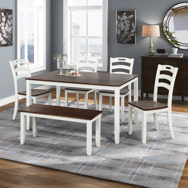 TOPMAX 6 Piece Dining Table Set with Bench, Table Set with Waterproof Coat, Ivory and Cherry