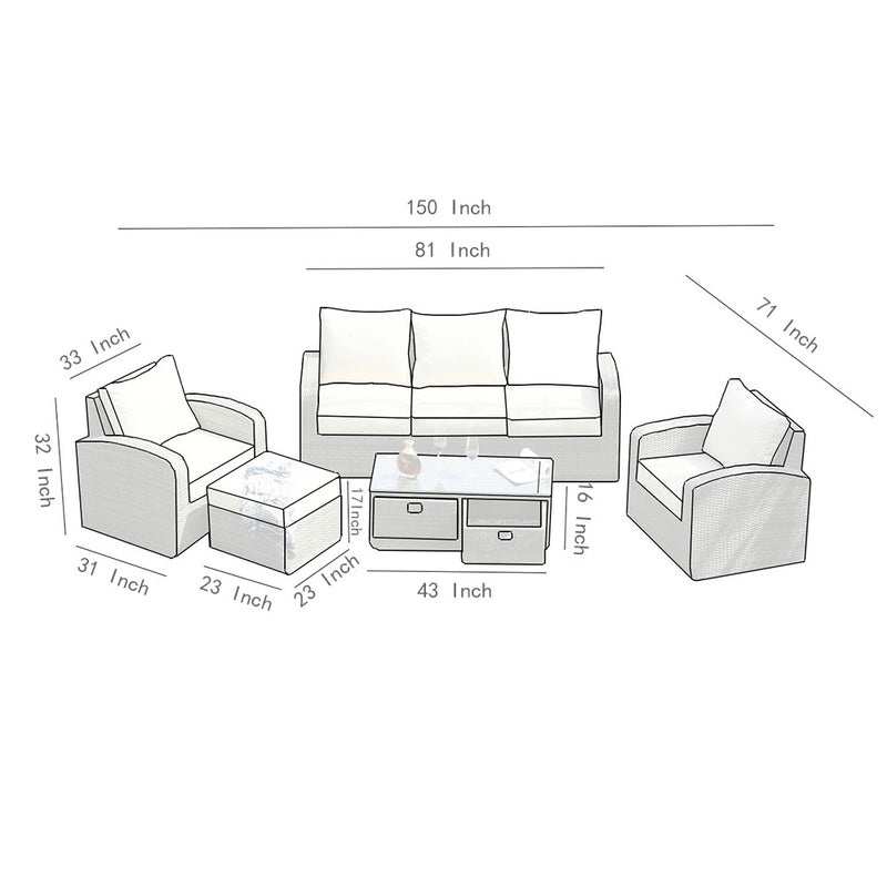 Direct Wicker Aluminum 5-piece Outdoor PE Rattan Wicker Sofa Rattan Patio Garden Furniture ,Gray