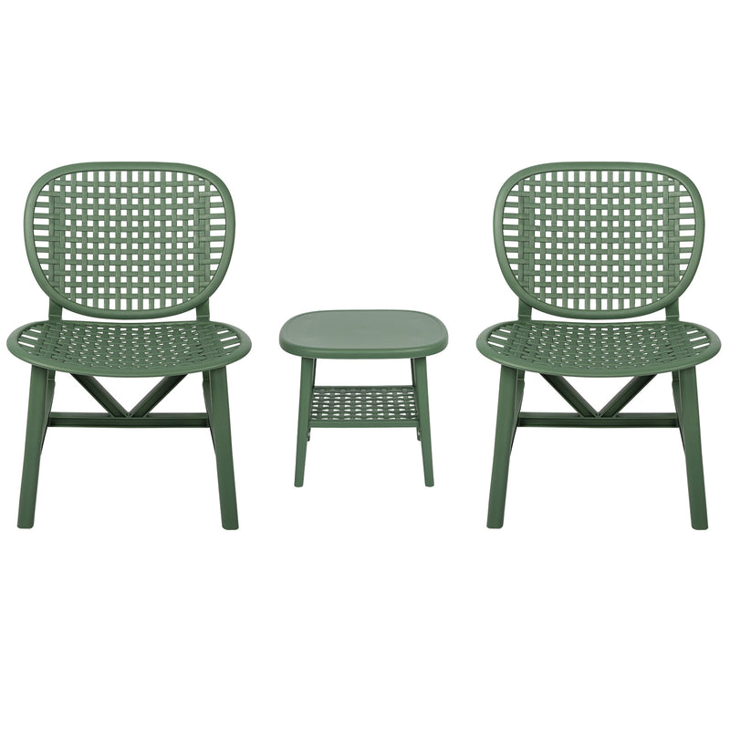 3 Pieces Hollow Design Retro Patio Table Chair Set All Weather Conversation Bistro Set Outdoor Table with Open Shelf and Lounge Chairs with Widened Seat for Balcony Garden Yard Green