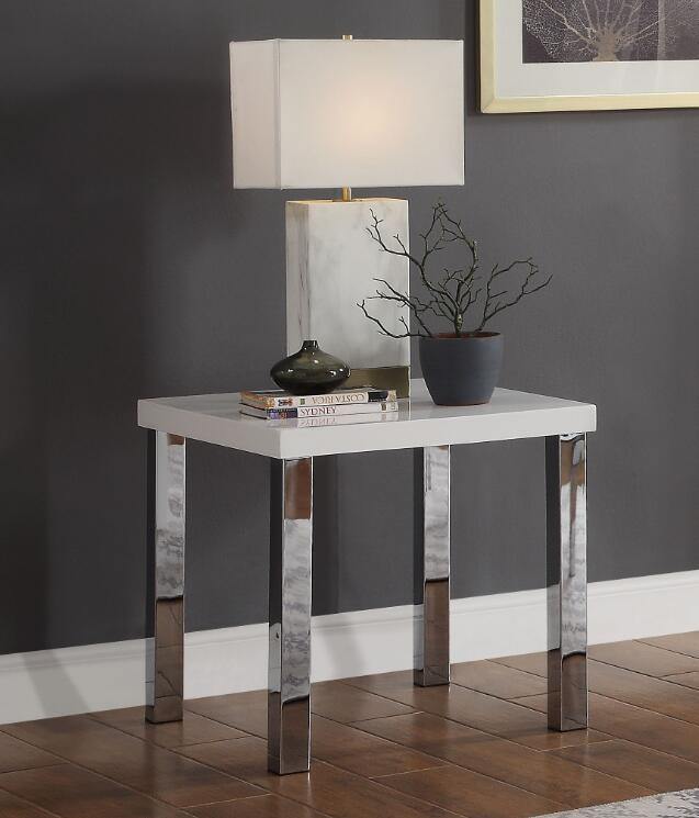 Harta End Table, White High Gloss & Chrome