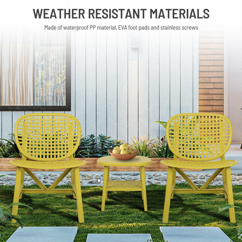 3 Pieces Hollow Design Patio Table Chair Set All Weather Conversation Bistro Set Outdoor Coffee Table with Open Shelf and Lounge Chairs with Widened Seat for Balcony Garden Yard Yellow