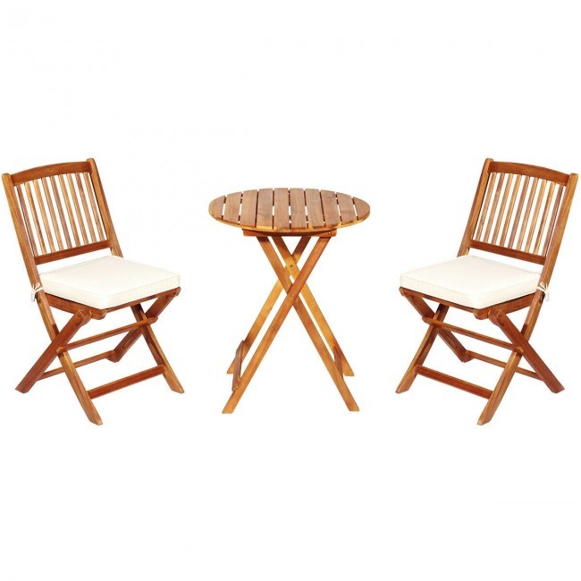 3 Pieces Patio Folding Wooden Bistro Set Cushioned Chair