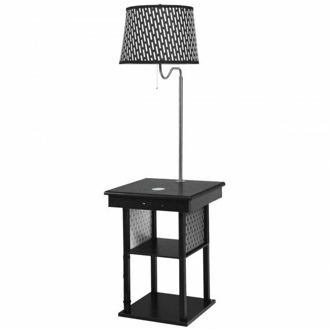 Floor Lamp Bedside Desk with USB Charging Ports Shelves