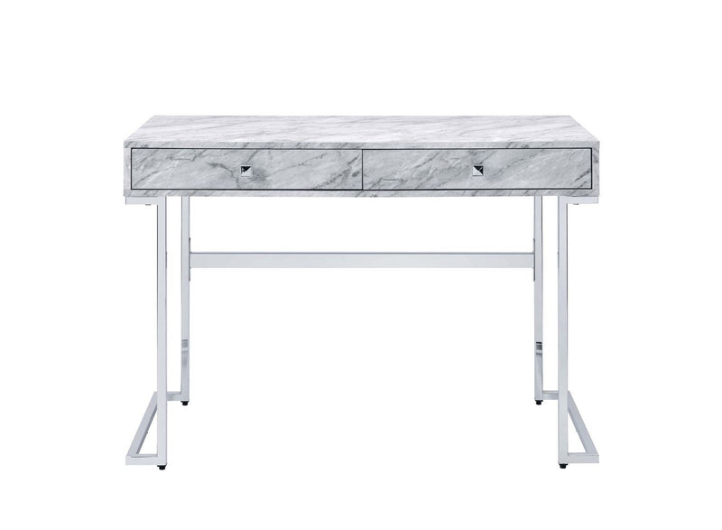 Tigress Writing Desk, White Printed Faux Marble & Chrome Finish YJ