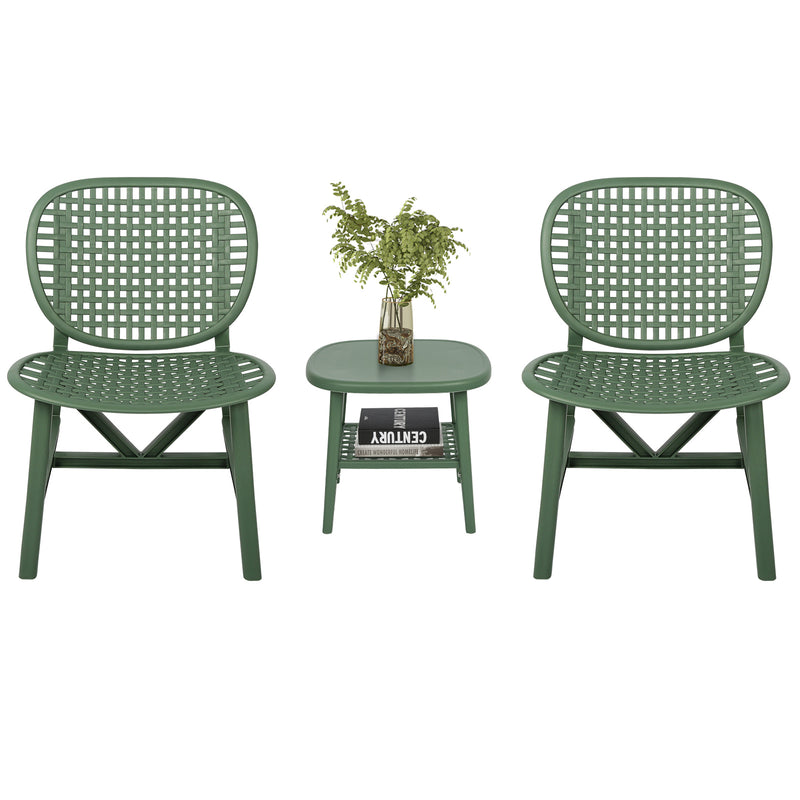 3 Pieces Hollow Design Retro Patio Table Chair Set All Weather Conversation Bistro Set Outdoor Table with Open Shelf and Lounge Chairs with Widened Seat for Balcony Garden Yard Green