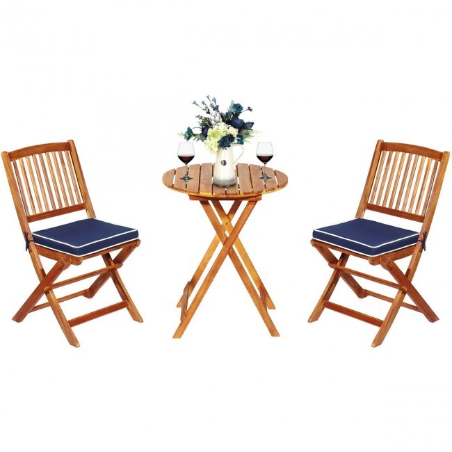 3 Pieces Patio Folding Wooden Bistro Set Cushioned Chair