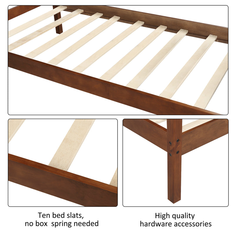 Twin Size Wood Platform Bed with Headboard and Wooden Slat Support (Walnut)