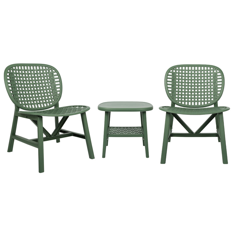 3 Pieces Hollow Design Retro Patio Table Chair Set All Weather Conversation Bistro Set Outdoor Table with Open Shelf and Lounge Chairs with Widened Seat for Balcony Garden Yard Green