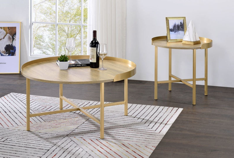 Mithea Coffee Table, Oak Table Top & Gold Finish