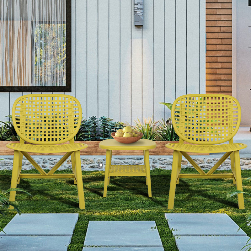 3 Pieces Hollow Design Patio Table Chair Set All Weather Conversation Bistro Set Outdoor Coffee Table with Open Shelf and Lounge Chairs with Widened Seat for Balcony Garden Yard Yellow