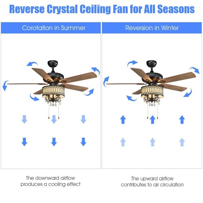 52 Inch Crystal Ceiling Fan Lamp w/ 5 Reversible Blades