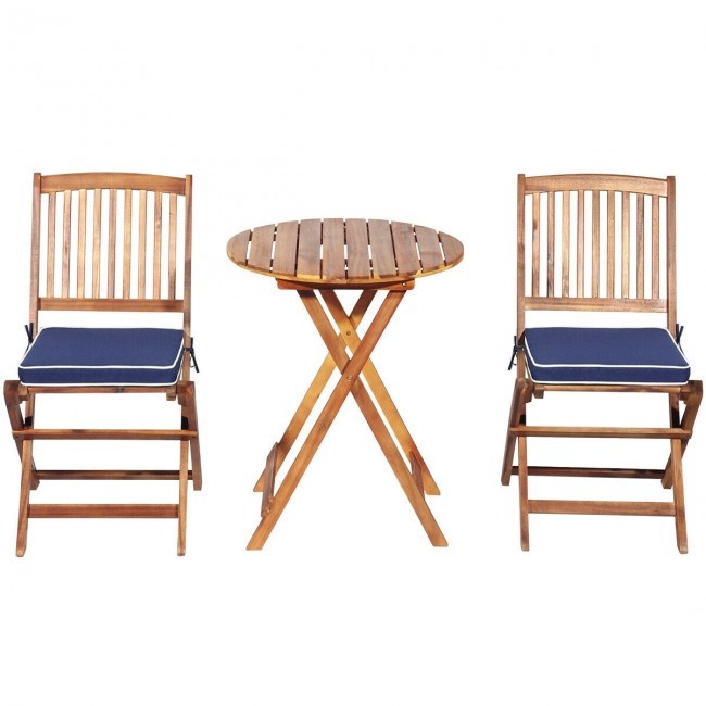 3 Pieces Patio Folding Wooden Bistro Set Cushioned Chair