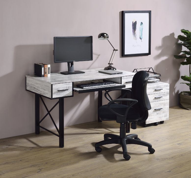 Settea Computer Desk, Antique White & Black Finish