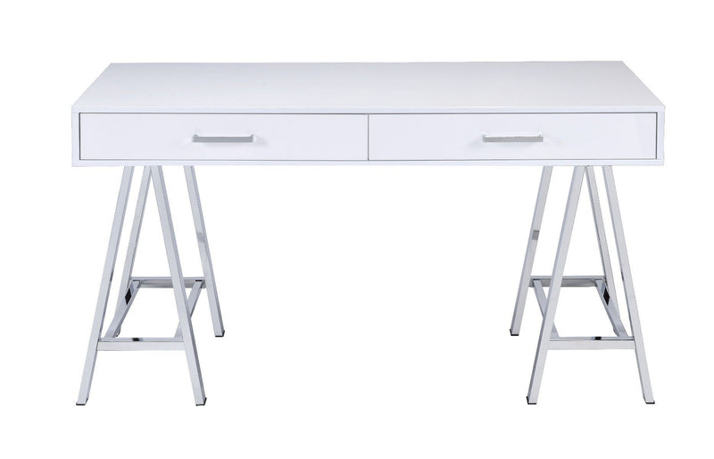 Coleen Built-in USB Port Writing Desk, White High Gloss & Chrome Finish YF