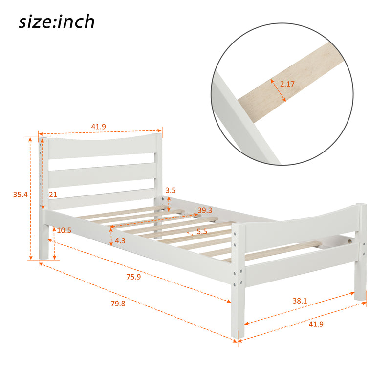 Twin Size Wood Platform Bed with Headboard and Wooden Slat Support (White)