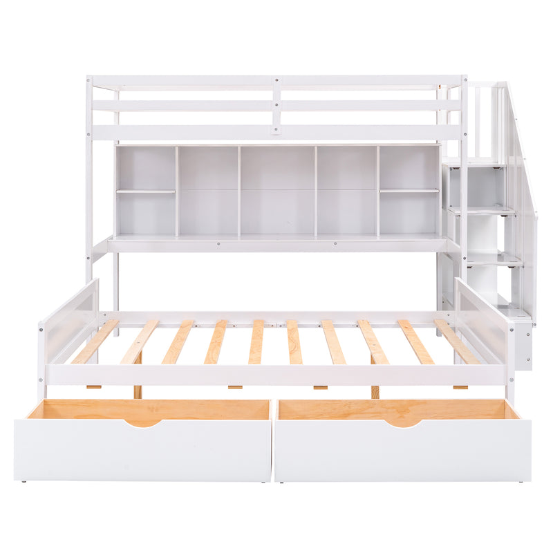 Twin XL over Full Bunk Bed with Built-in Storage Shelves, Drawers and Staircase,White