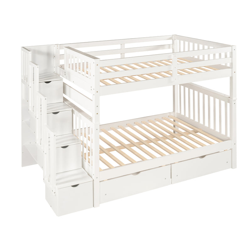 Full Over Full Bunk Bed with Shelves and 6 Storage Drawers, White